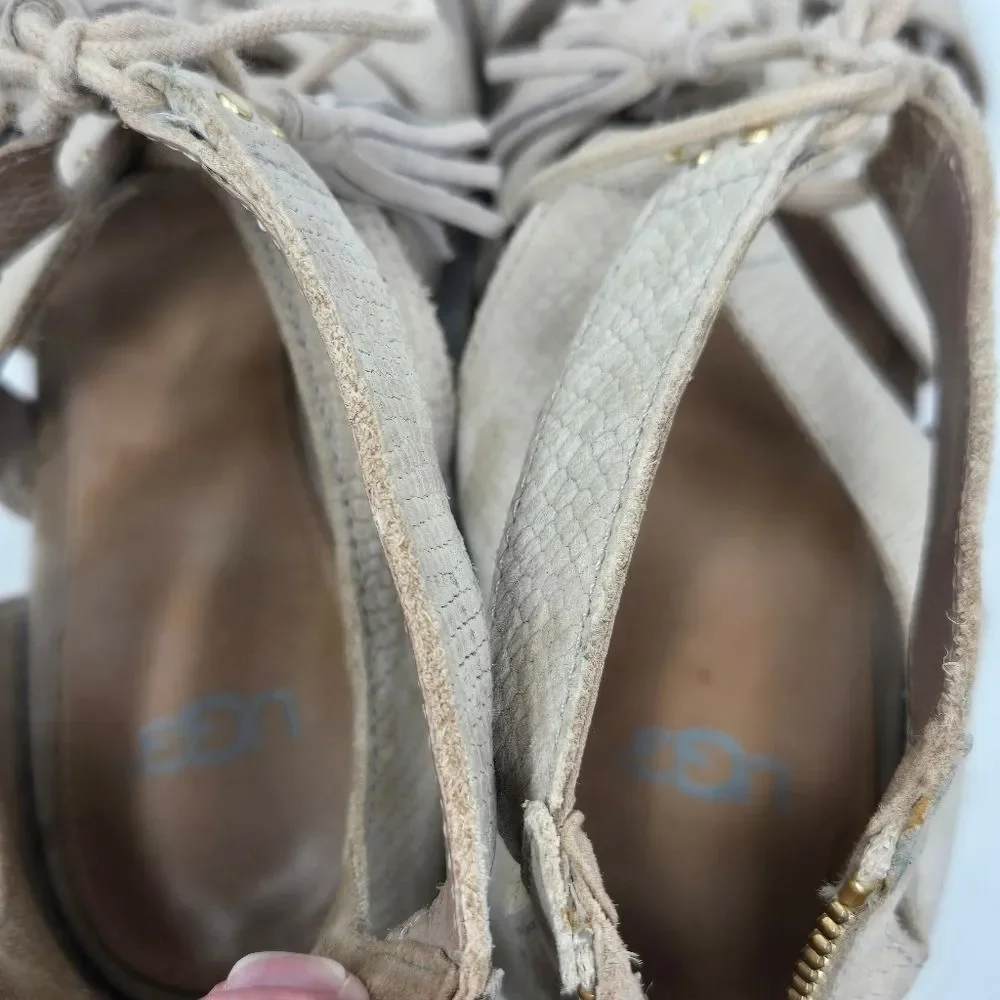 UGG Women's Yasmin Snake Gladiator Wedge Sandal Horchata Leather Size 7.5‎ B